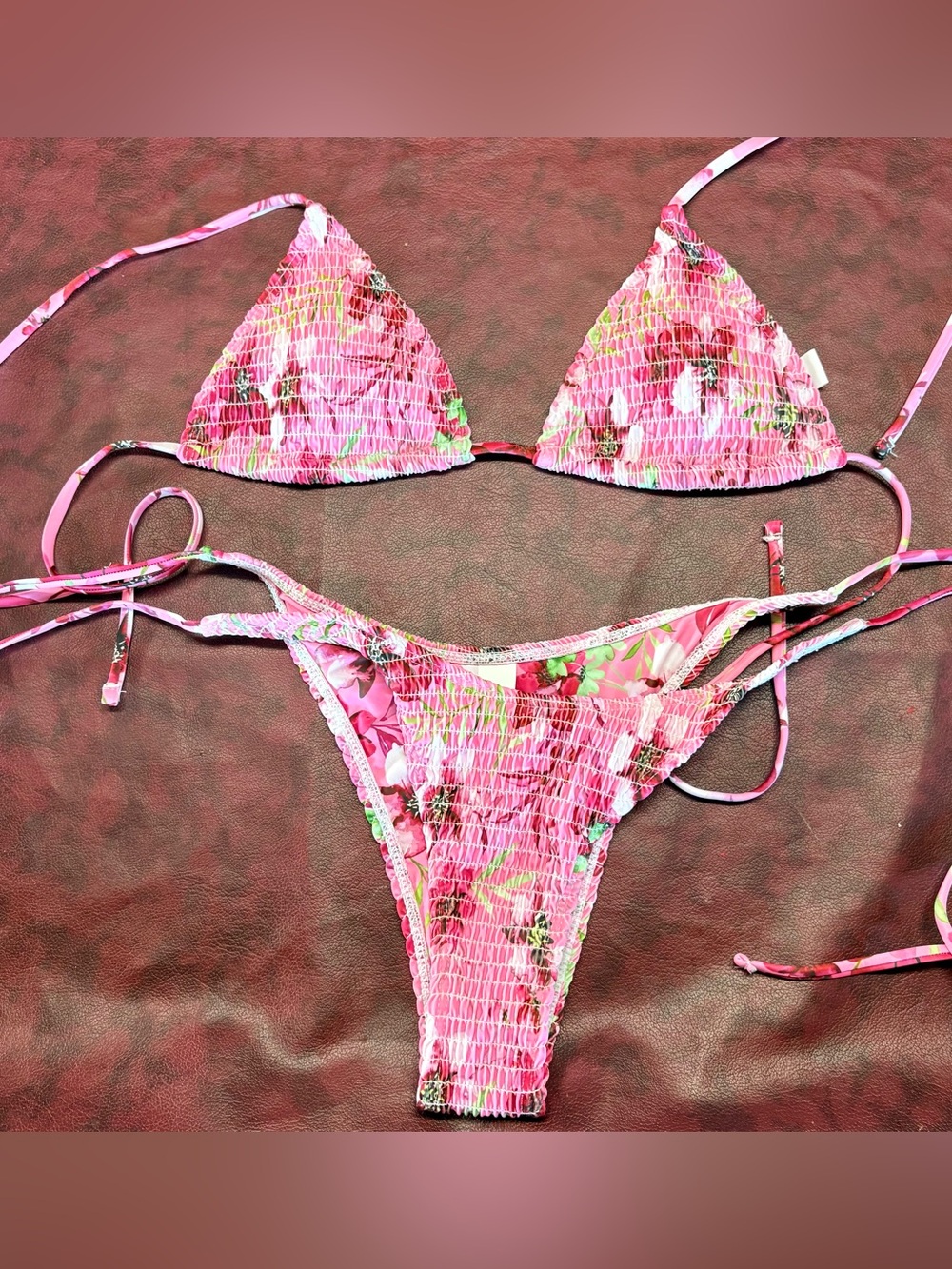 Pink Floral Smocked Triangle Bikini Set - Women Swim